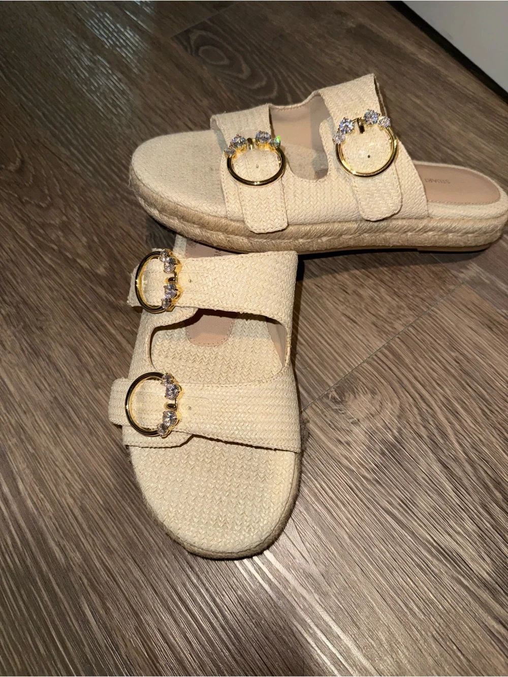 Stuart Weitzman Cream Woven Double-Buckle Slide Sandals with Gold Accents
